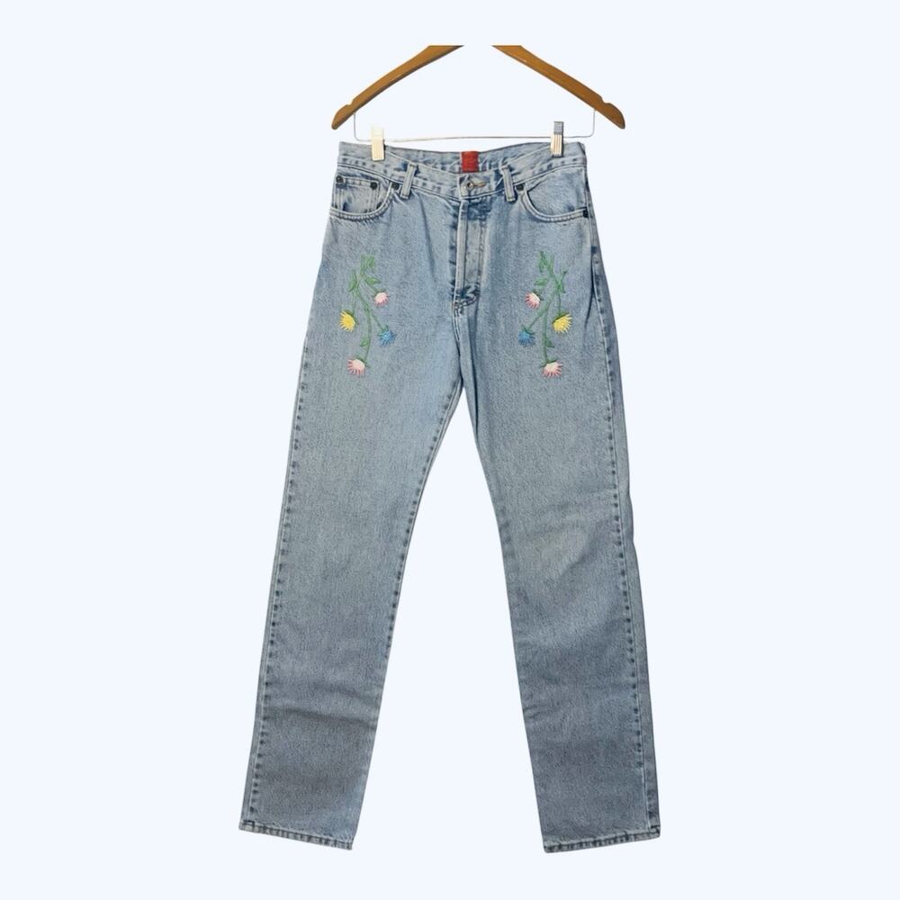 Vintage ABS Allen Schwartz Womens Blue Jeans 27 x32 Floral Stitched Button Fly